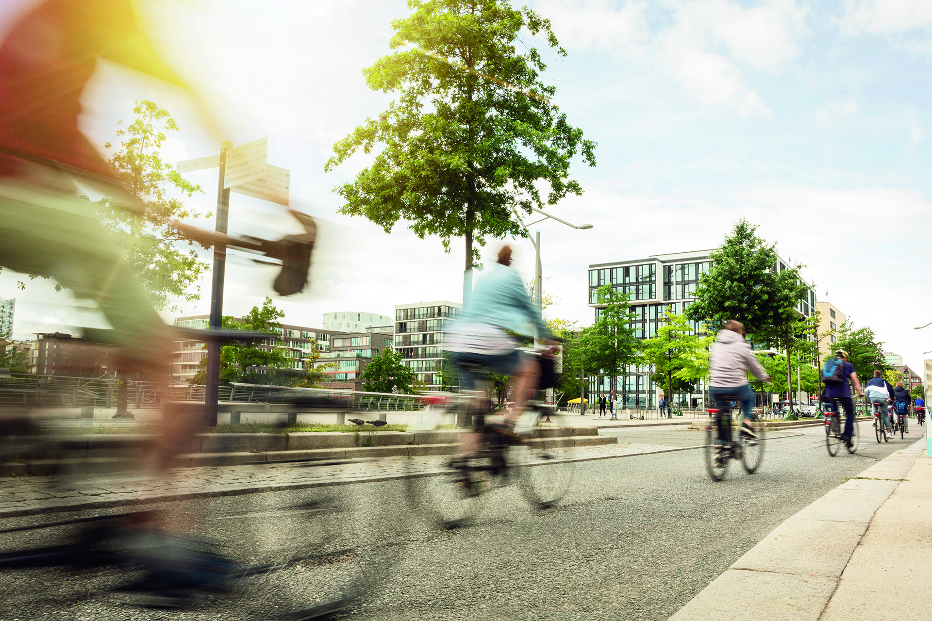 A group of moving cyclists in the city